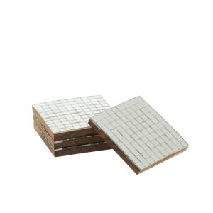 BOX OF 4 COASTER MOSAIC ACACIA WOOD SILVER COLORED