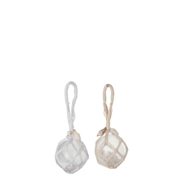 BALL DECO HANGER GLASS WHITE/BEIGE ASSORTMENT OF 2