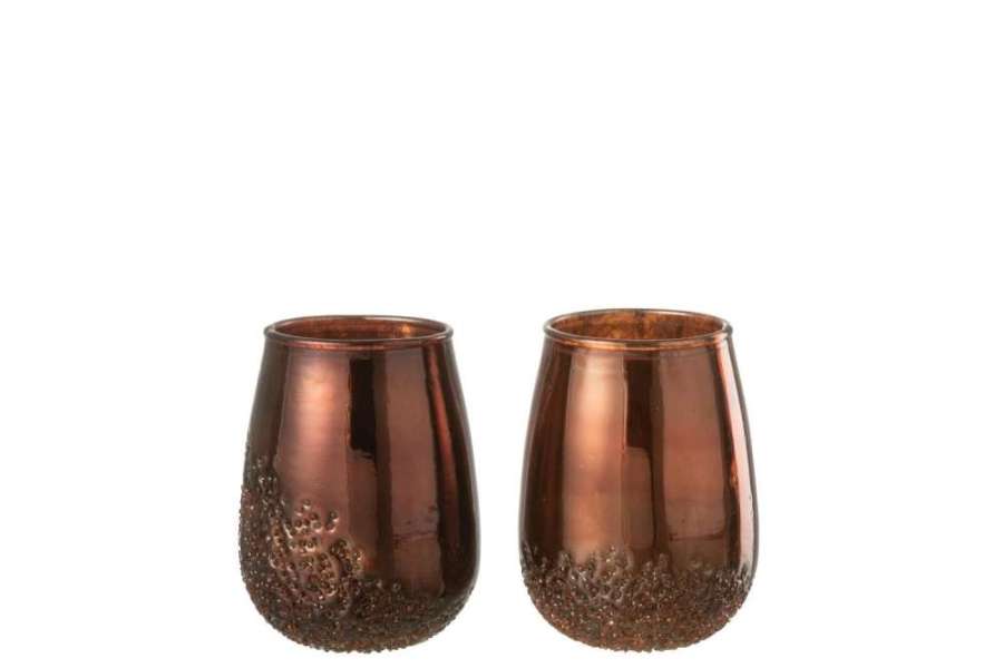 TEALIGHT HOLDER MIRROR COPPER/RED GLASS SMALL ASSORTMENT OF 2