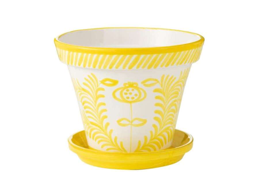 FLOWERPOT+PLATE GRANADA HANDMADE/HANDPAINTED CERAMIC YELLOW/WHITE EXTRA LARGE
