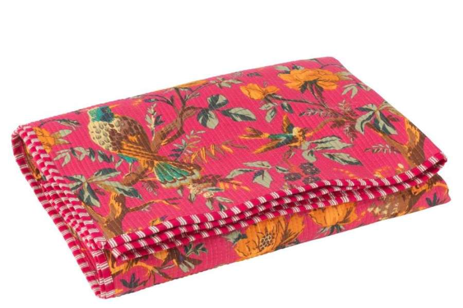 PLAID BIRDS/FLOWERS COTTON VELVET PINK