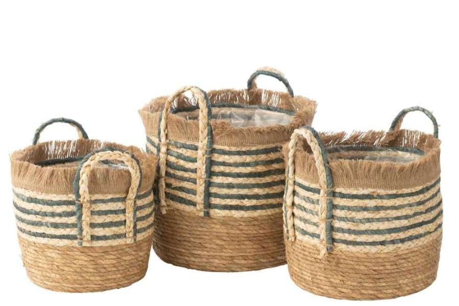 SET OF 3 FLOWERPOTS UBEDA REED/PLASTIC NATURAL/BLUE