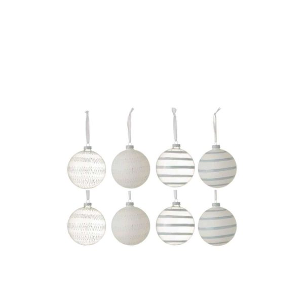 BOX OF 8 CHRISTMAS BAUBLES CARTEL 4GLASS CLEAR/4OPAL WHITE/BLUE SMALL ASSORTMENT OF 2