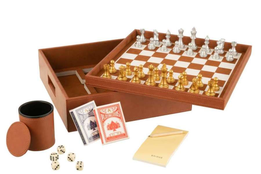 BOX CARD GAME/CHESS GAME FAKE LEATHER COGNAC