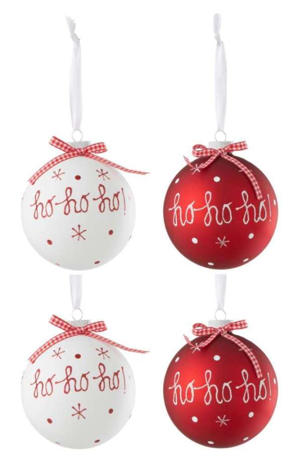 BOX OF 4 CHRISTMAS BAUBLE 2+2 HOHO+SNOWFLAKES+BOW RED/WHITE LARGE