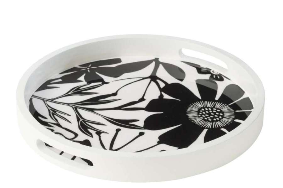 TRAY ROUND WITH HANDLES FLORAL PATTERN MANGO WOOD BLACK/WHITE