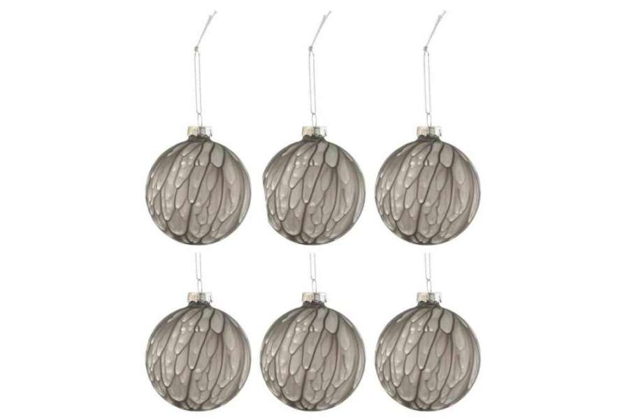 BOX OF 6 CHRISTMAS BAUBLES SPOTTED GLASS MATTE GREY SMALL