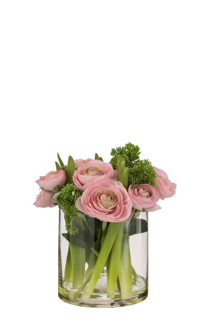 RANUNCULUS IN VASE PLASTIC GLASS PINK/GREEN LARGE