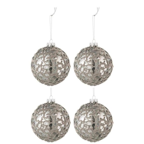 BOX OF 4 CHRISTMAS BAUBLES MINI PEARLS GLASS SHINING GREY SMALL