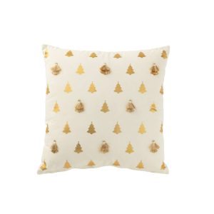 CUSHION CHRISTMAS TREES TASSELS COTTON WHITE/GOLD