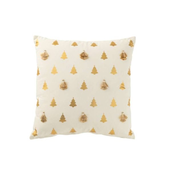 CUSHION CHRISTMAS TREES TASSELS COTTON WHITE/GOLD