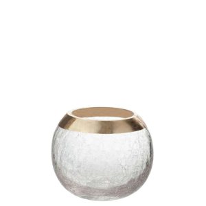 CANDLEHOLDER BALL CRACKLE GLASS TRANSPARENT/GOLD MEDIUM