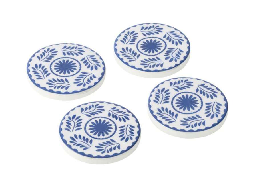 SET OF 4 COASTERS FLORAL PATTERN MANGO WOOD BLUE/WHITE