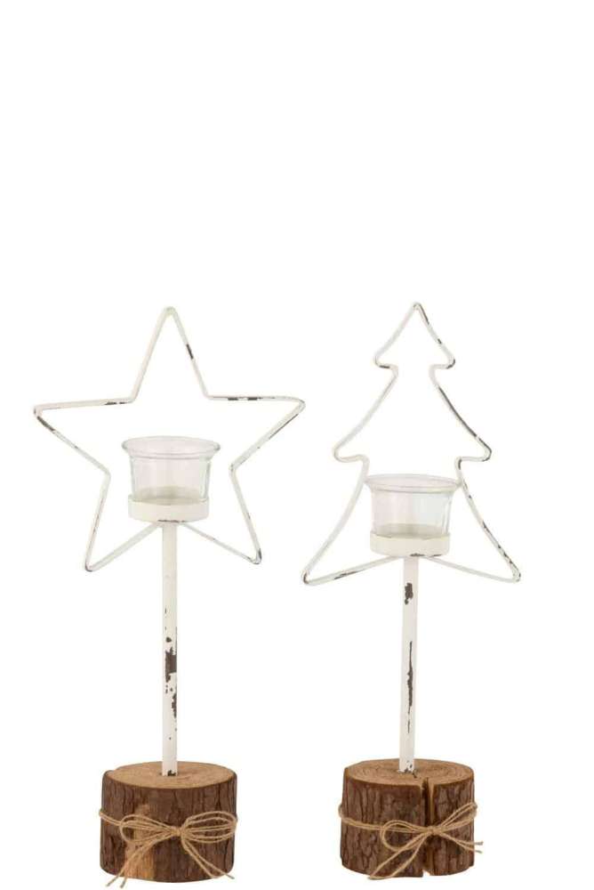 TEALIGHT HOLDER ON TREE TRUNK TREE/STAR WOOD/GLASS WHITE/BROWN ASSORTMENT OF TWO