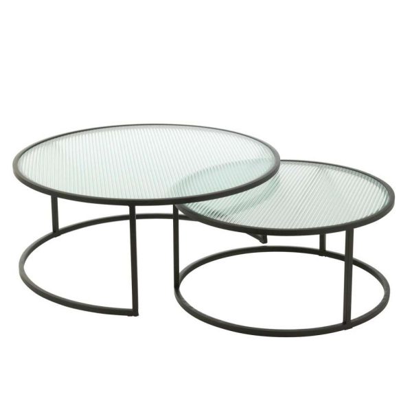 SET OF 2 COFFEE TABLE ROUND METAL/GLASS BLACK