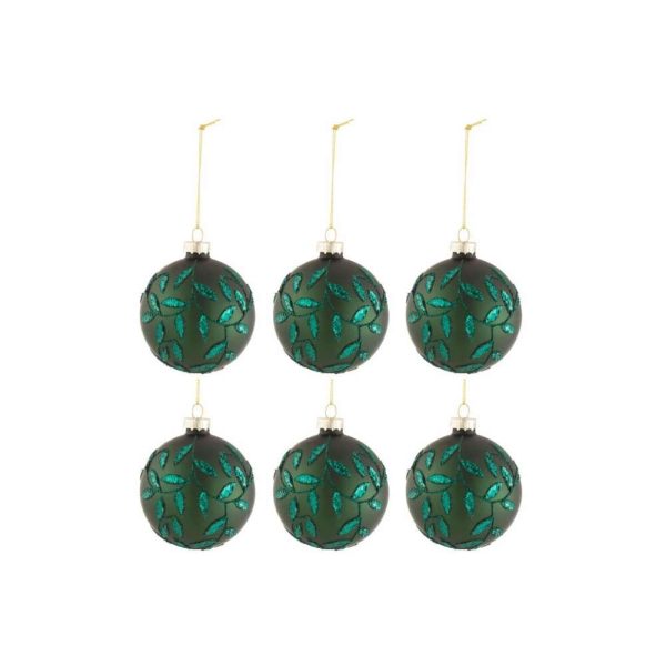 BOX OF 6 CHRISTMAS BAUBLES LEAVES GLITTER GLASS MATTE GREEN SMALL