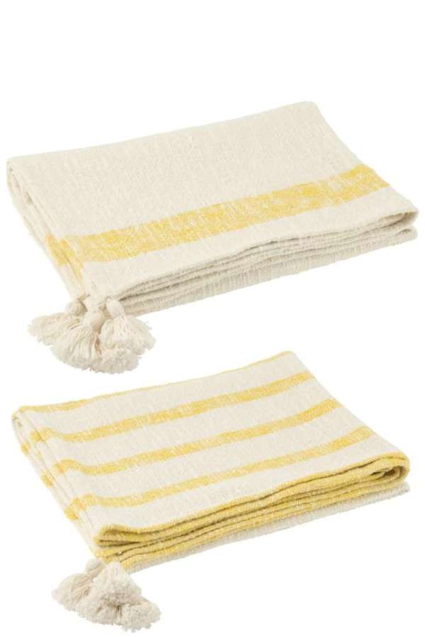 PLAID STRIPES+TASSELS COTTON WHITE/YELLOW ASSORTMENT OF 2