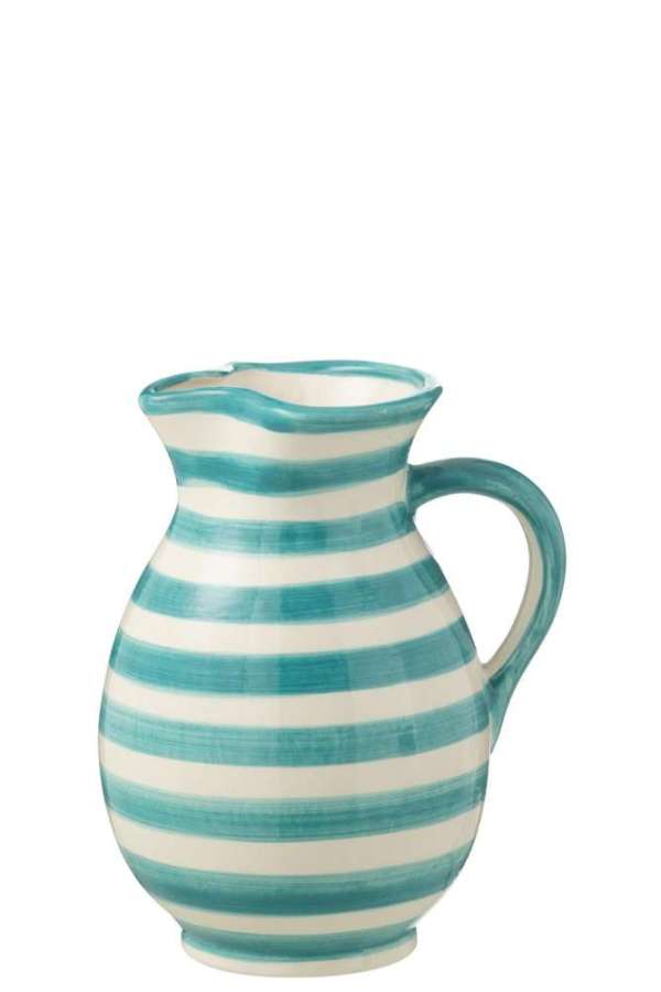 PITCHER GRANADA STRIPES CERAMIC WHITE/AQUA MEDIUM