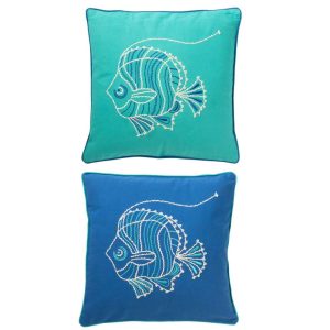 CUSHION SQUARE FISH COTTON BLUE/AZURE ASSORTMENT OF 2