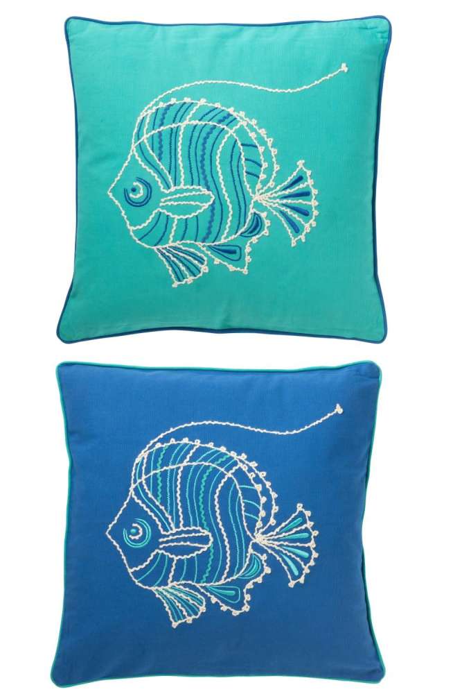 CUSHION SQUARE FISH COTTON BLUE/AZURE ASSORTMENT OF 2