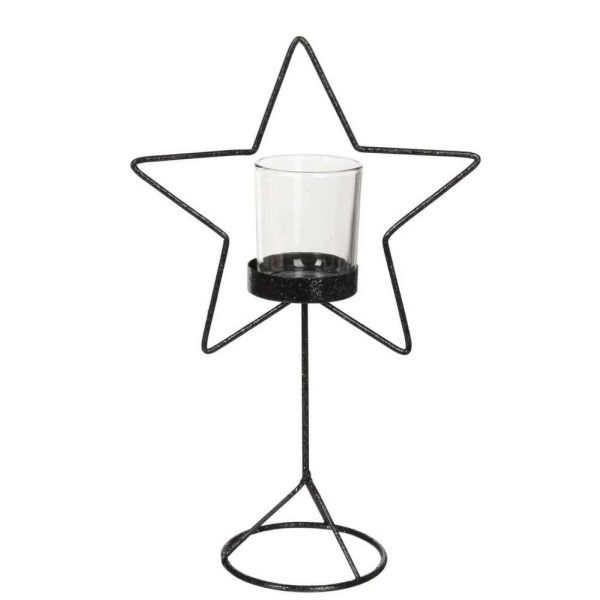 TEALIGHT HOLDER STAR GLITTER METAL BLACK SMALL