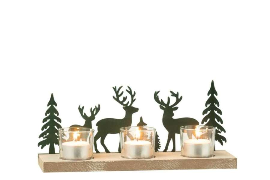 TEALIGHT HOLDER 3 PIECES REINDEERS/TREES METAL/WOOD DARK GREEN