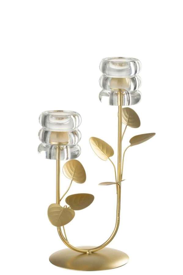 CANDLE HOLDER BRANCH & LEAF 2 PARTS IRON GOLD COLORED/TRANSPARENT
