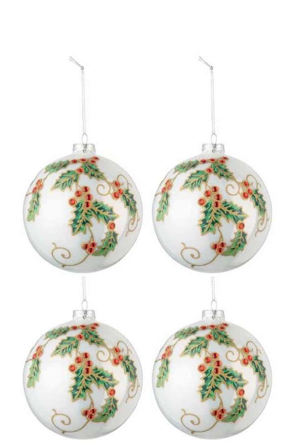 BOX OF 4 CHRISTMAS BAUBLES CHRISTMAS DECORATION GLASS WHITE/GREEN/RED LARGE