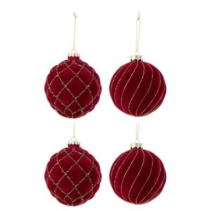 BOX OF 4 CHRISTMAS BAUBLE 2+2 LINES/CHECKERED VELVET RED/GOLD