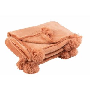 PLAID POMPOM POLYESTER PEACH