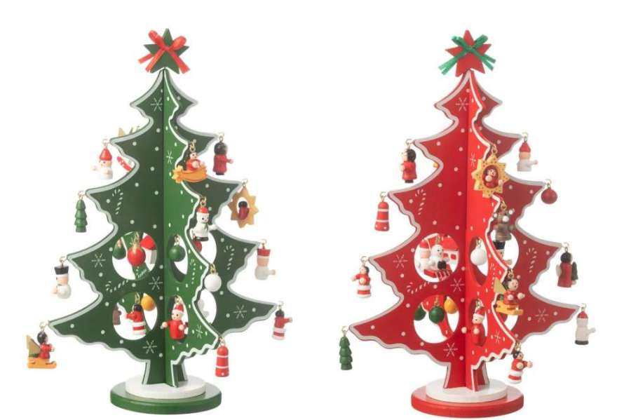 XMAS TREE+FIGURINES FOLDABLE WOOD RED/GREEN ASSORTMENT OF 2