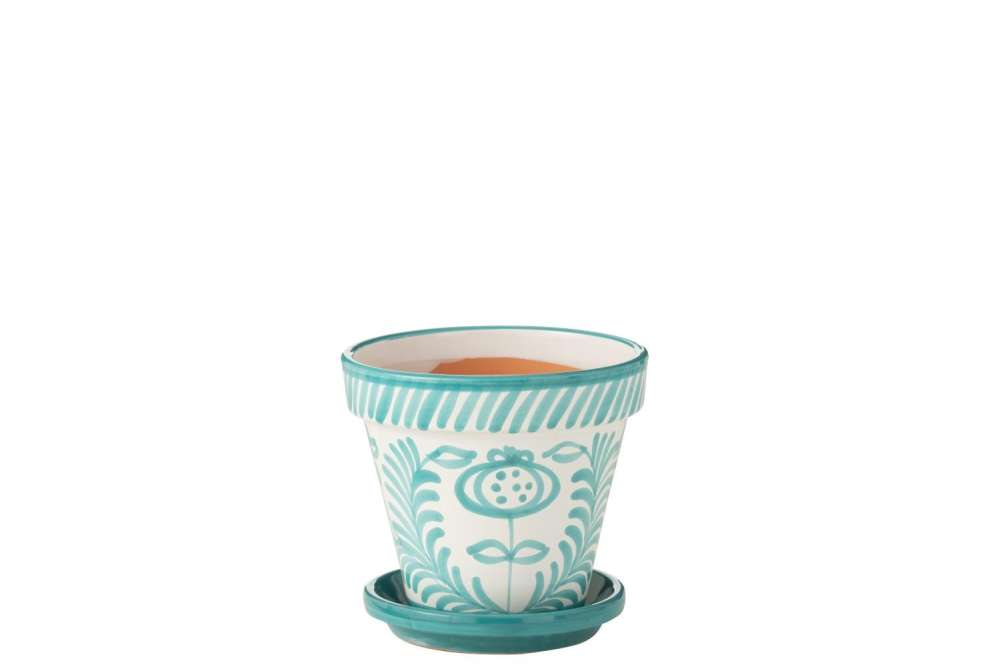 FLOWERPOT+PLATE GRANADA HANDMADE/HANDPAINTED CERAMIC AQUA/WHITE MEDIUM