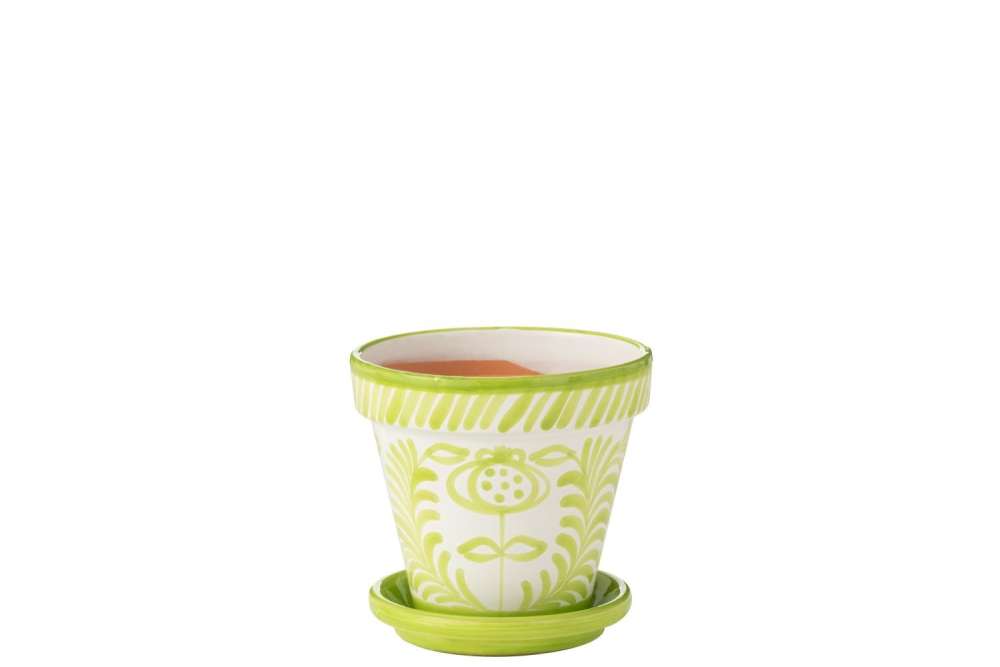 FLOWERPOT+PLATE GRANADA HANDMADE/HANDPAINTED CERAMIC GREEN/WHITE MEDIUM