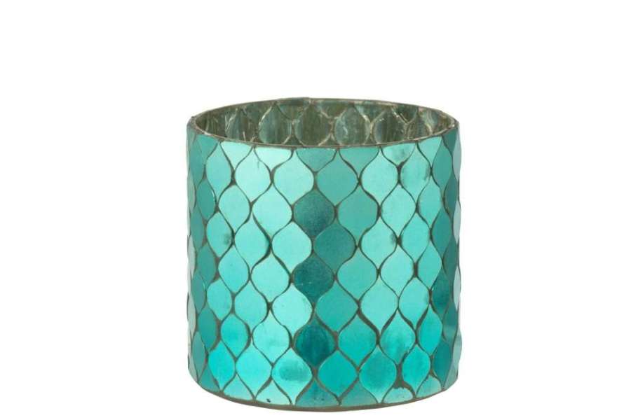 CANDLE HOLDER CYLINDER MOSAIC GLASS AZURE BLUE