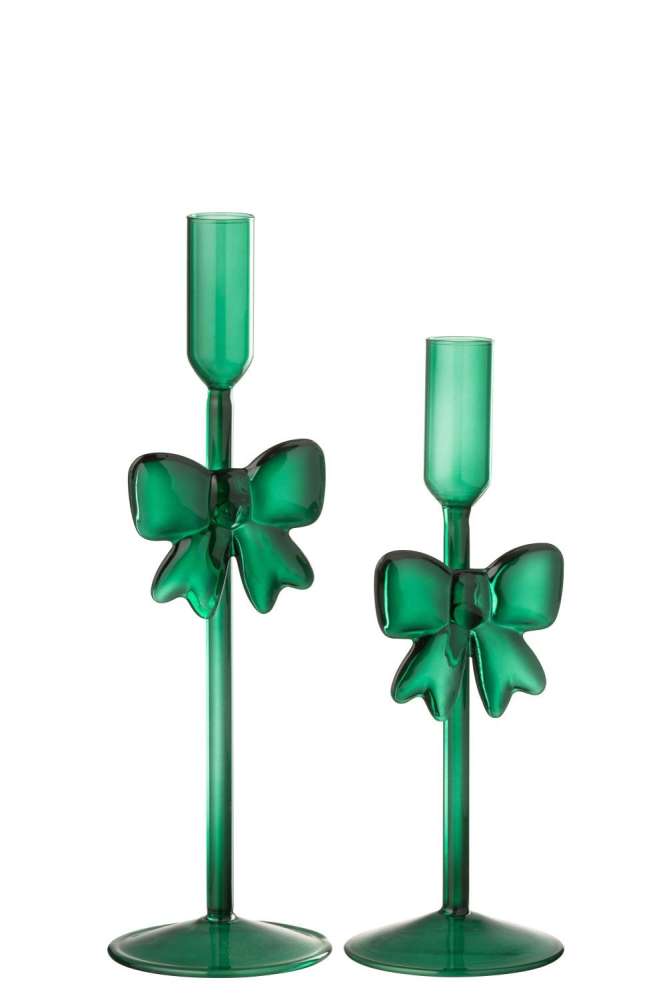 SET OF 2 CANDLE HOLDER GLASS DARK GREEN