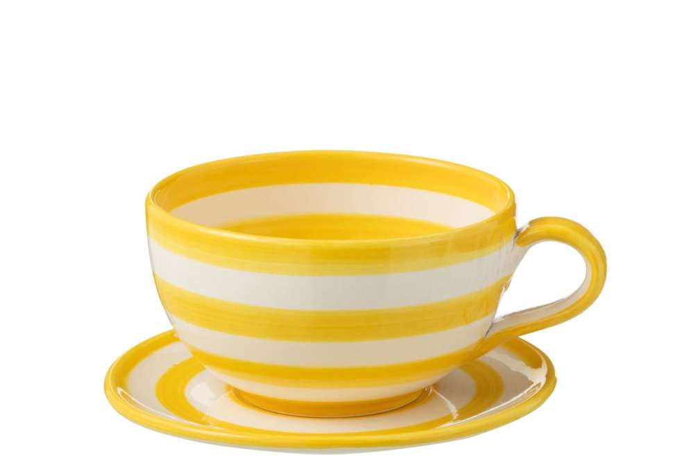 CUP+PLATE GRANADA STRIPES CERAMIC WHITE/YELLOW