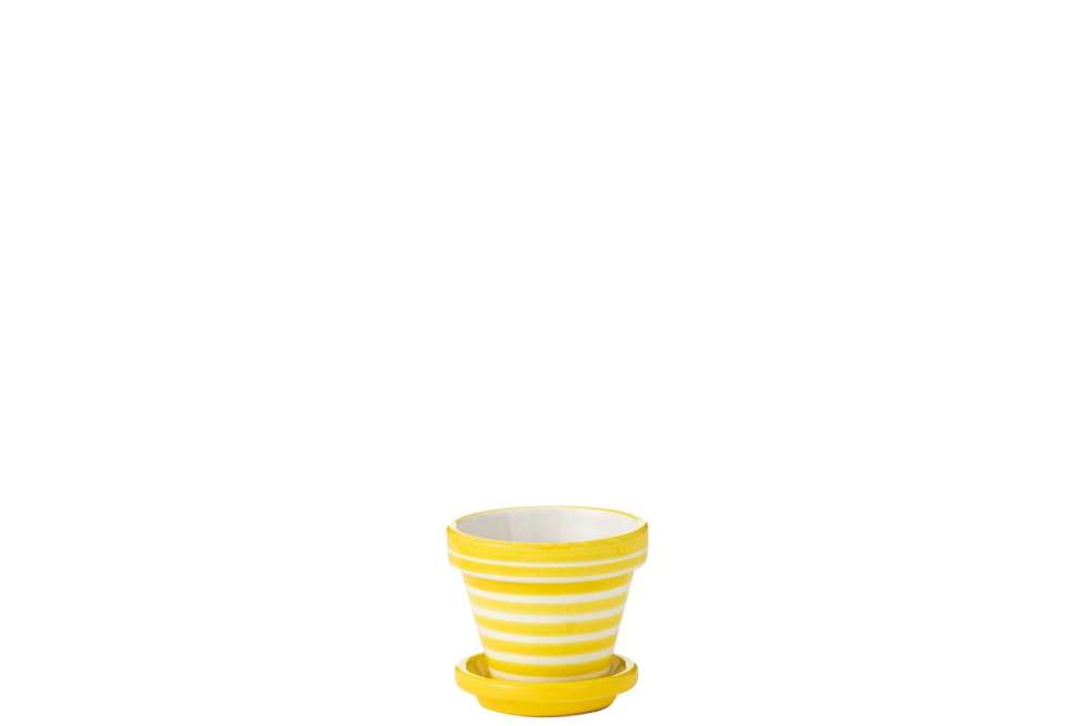 FLOWERPOT+PLATE GRANADA STRIPES HANDMADE/HANDPAINTED CERAMIC YELLOW/WHITE EXTRA SMALL