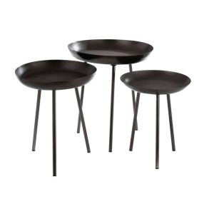 SET OF 3 SIDETABLES TRAY ROUND METAL MATTE DARK GREY