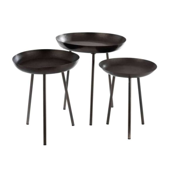 SET OF 3 SIDETABLES TRAY ROUND METAL MATTE DARK GREY
