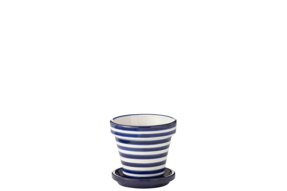 FLOWERPOT+PLATE GRANADA STRIPES HANDMADE/HANDPAINTED CERAMIC COBALTO BLUE/WHITE SMALL