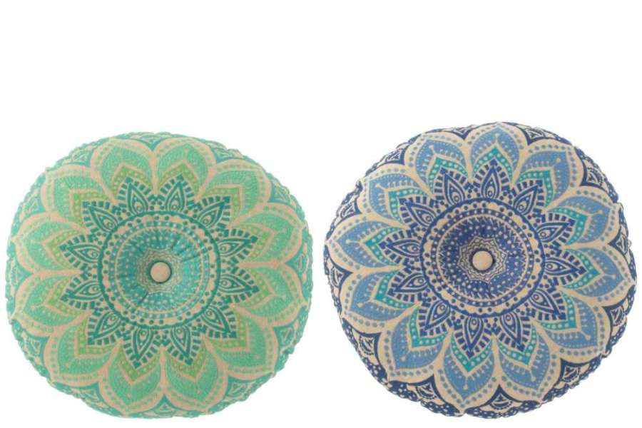 FLOOR CUSHION ROUND FLOWER COTTON TURQUOISE/BLUE ASSORTMENT OF 2
