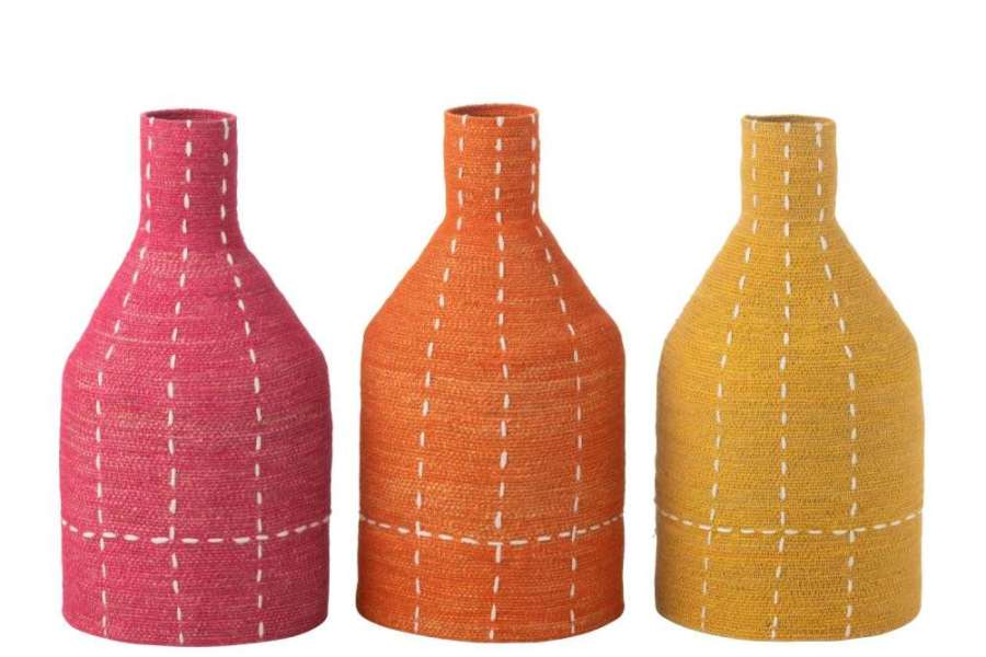 VASE BOTTLE DOTTED STRIPES SEAGRASS PINK/ORANGE/YELLOW ASSORTMENT OF 3