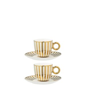 BOX OF 2 COFFEE CUP  +  SAUCER STRIPED PORCELAIN GOLD COLORED/WHITE SMALL