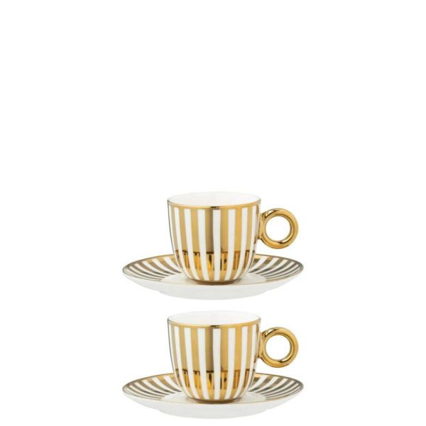 BOX OF 2 COFFEE CUP  +  SAUCER STRIPED PORCELAIN GOLD COLORED/WHITE SMALL