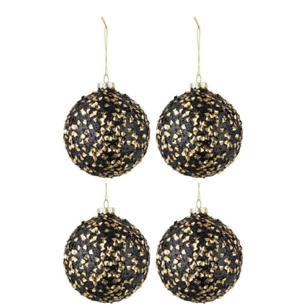 BOX OF 4 CHRISTMAS BAUBLES GLITTER SEQUINS GLASS BLACK GOLD MEDIUM