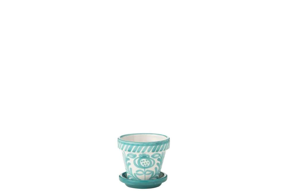FLOWERPOT+PLATE GRANADA HANDMADE/HANDPAINTED CERAMIC AQUA/WHITE EXTRA SMALL