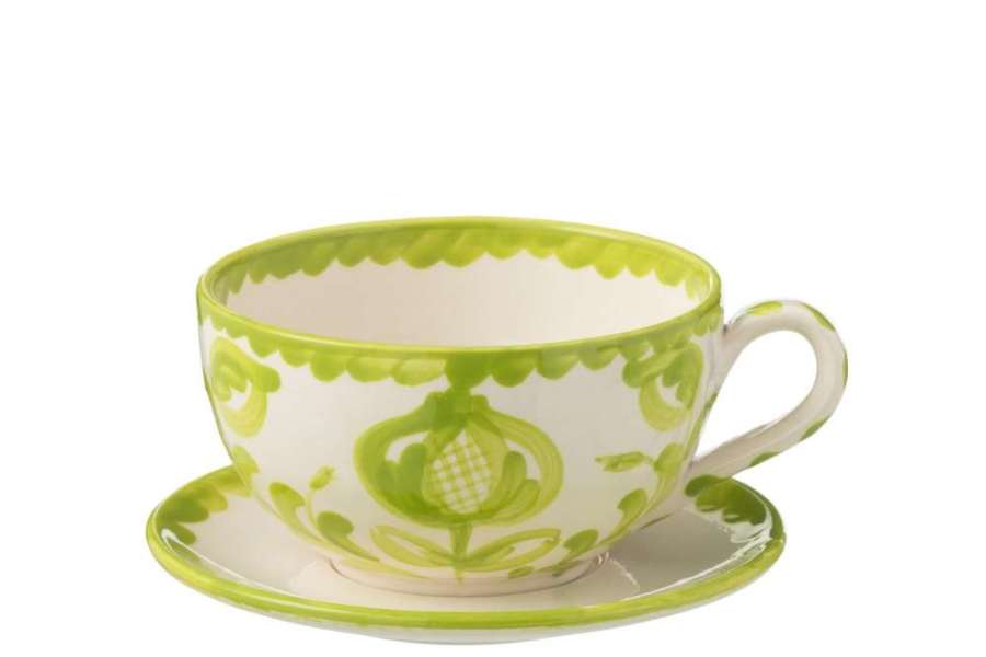 CUP+PLATE GRANADA CERAMIC WHITE/GREEN