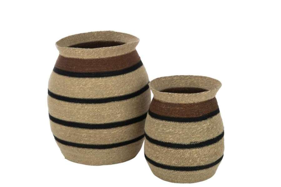 SET OF 2 BASKETS ROUND STRIPED MARIE SEAGRASS BROWN BLACK