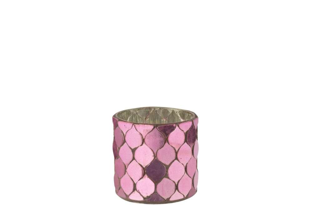 TEALIGHT HOLDER CYLINDER MOSAIC GLASS FUCHSIA