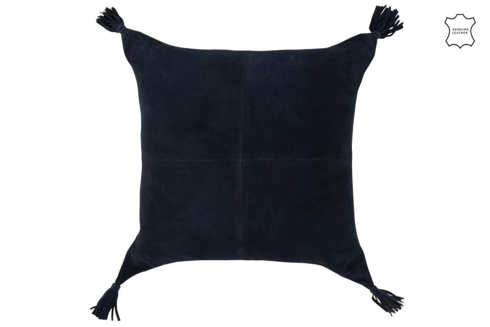 CUSHION TASSELS LEATHER DARK/BLUE